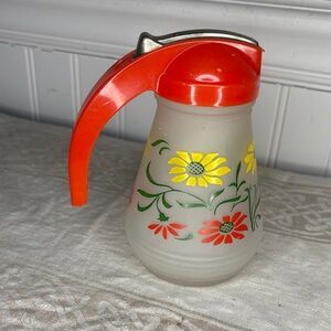 Vintage Floral Syrup Dispenser with Red Handle